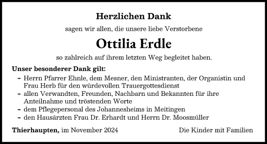 Traueranzeige von Ottilia Erdle von Augsburg-Land
