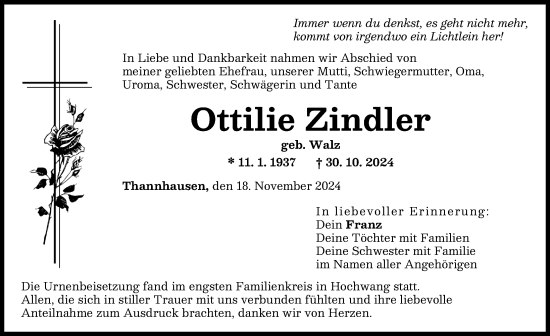 Traueranzeige von Ottilie Zindler von Günzburger Zeitung