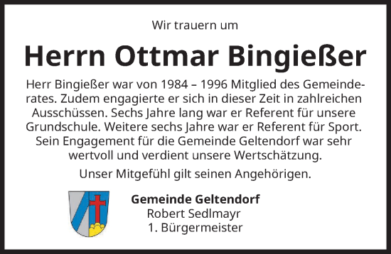 Traueranzeige von Ottmar Bingießer von Landsberger Tagblatt