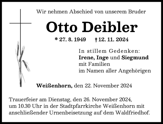 Traueranzeige von Otto Deibler von Neu-Ulmer Zeitung