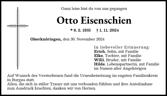 Traueranzeige von Otto Eisenschien von Günzburger Zeitung