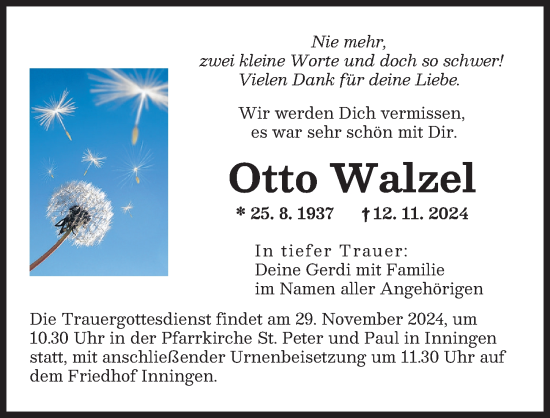 Traueranzeige von Otto Walzel von Augsburger Allgemeine