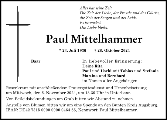 Traueranzeige von Paul Mittelhammer von Augsburg-Land, Aichacher Nachrichten