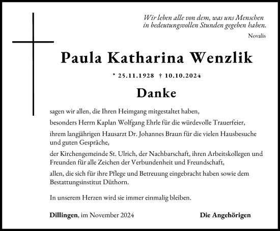 Traueranzeige von Paula Katharina Wenzlik von Donau Zeitung