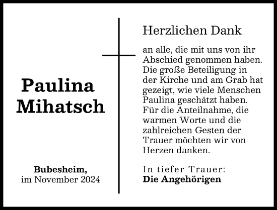 Traueranzeige von Paulina Mihatsch von Günzburger Zeitung