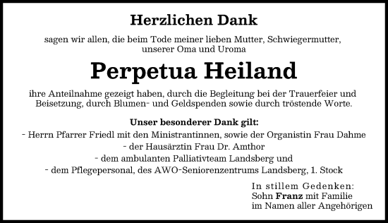 Traueranzeige von Perpetua Heiland von Landsberger Tagblatt