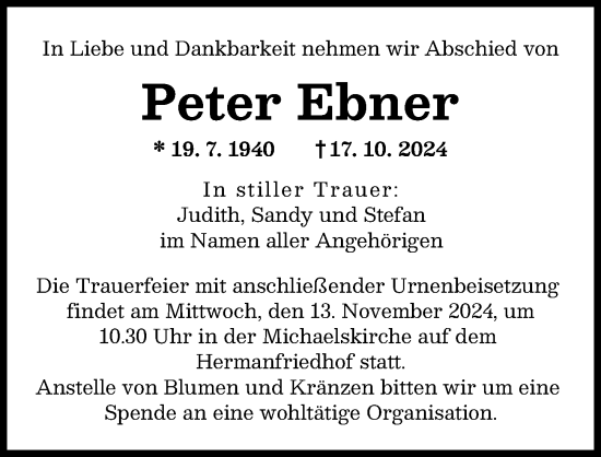 Traueranzeige von Peter Ebner von Augsburger Allgemeine