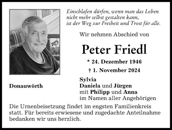 Traueranzeige von Peter Friedl von Donauwörther Zeitung