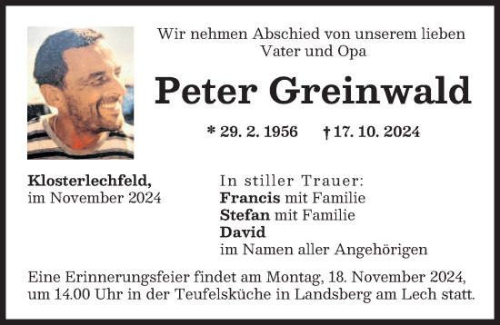 Traueranzeige von Peter Greinwald von Schwabmünchner Allgemeine, Landsberger Tagblatt