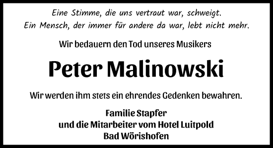 Traueranzeige von Peter Malinowski von Mindelheimer Zeitung