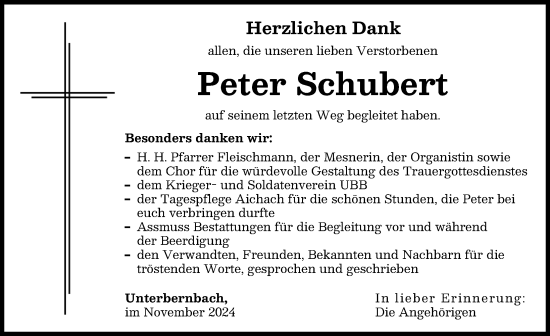 Traueranzeige von Peter Schubert von Aichacher Nachrichten