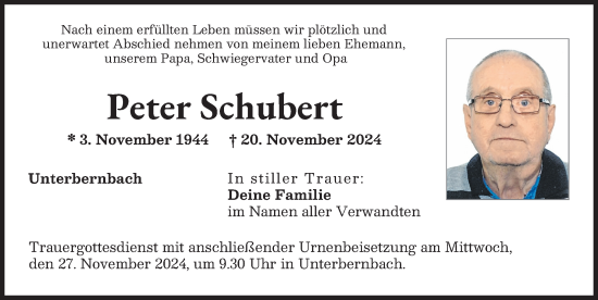 Traueranzeige von Peter Schubert von Aichacher Nachrichten