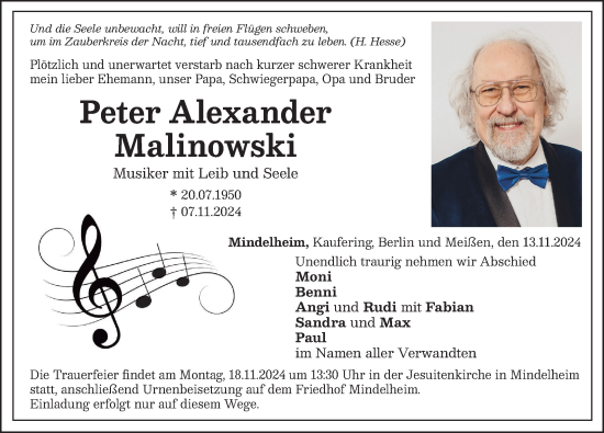 Traueranzeige von Peter Alexander Malinowski von Mindelheimer Zeitung