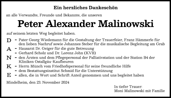 Traueranzeige von Peter Alexander Malinowski von Mindelheimer Zeitung
