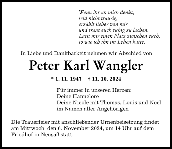 Traueranzeige von Peter Karl Wangler von Augsburger Allgemeine