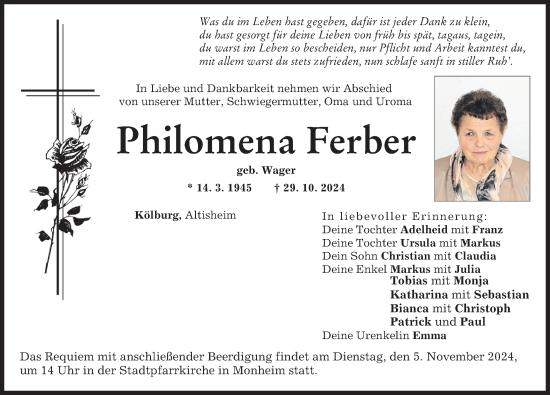 Traueranzeige von Philomena Ferber von Donauwörther Zeitung
