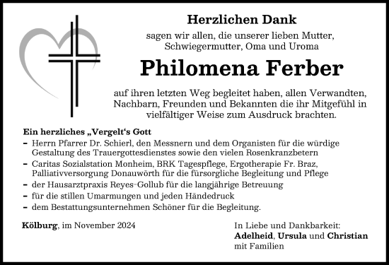 Traueranzeige von Philomena Ferber von Donauwörther Zeitung