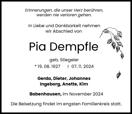 Traueranzeige von Pia Dempfle von Illertisser Zeitung