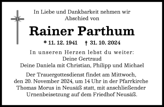 Traueranzeige von Rainer Parthum von Augsburger Allgemeine
