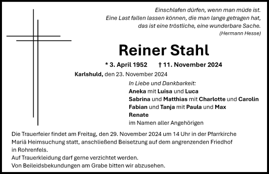 Traueranzeige von Reiner Stahl von Neuburger Rundschau