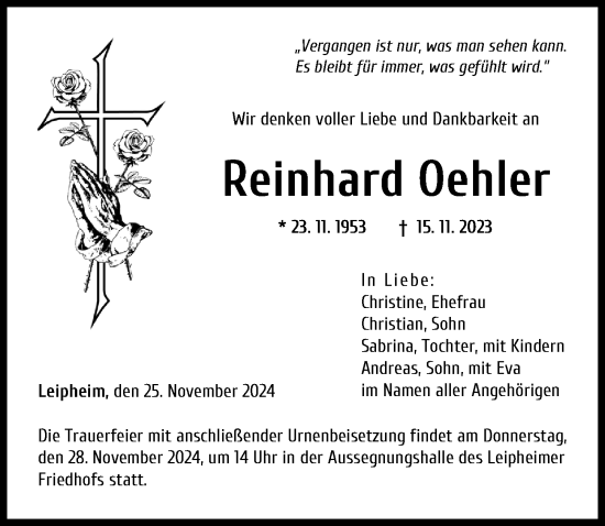 Traueranzeige von Reinhard Oehler von Günzburger Zeitung