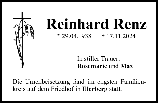 Traueranzeige von Reinhard Renz von Neu-Ulmer Zeitung