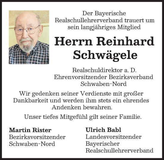 Traueranzeige von Reinhard Schwägele von Augsburger Allgemeine