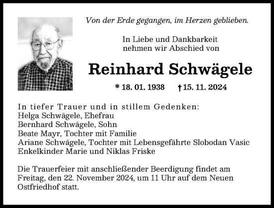 Traueranzeige von Reinhard Schwägele von Augsburger Allgemeine