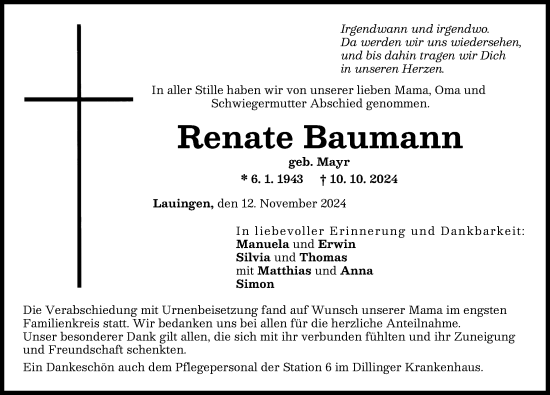 Traueranzeige von Renate Baumann von Donau Zeitung
