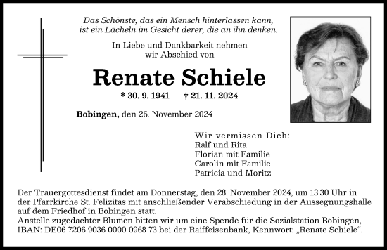 Traueranzeige von Renate Schiele von Augsburger Allgemeine