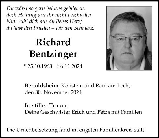 Traueranzeige von Richard Bentzinger von Neuburger Rundschau