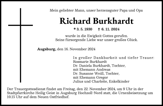 Traueranzeige von Richard Burkhardt von Augsburger Allgemeine