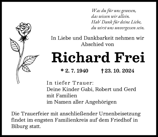 Traueranzeige von Richard Frei von Augsburger Allgemeine