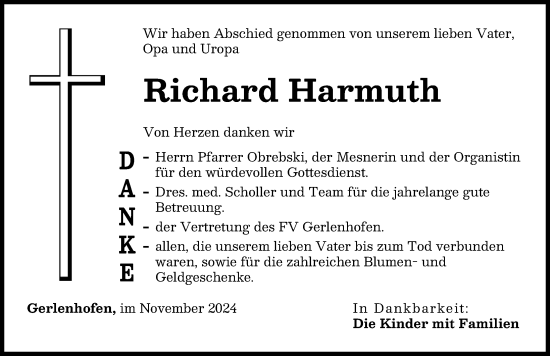 Traueranzeige von Richard Harmuth von Neu-Ulmer Zeitung
