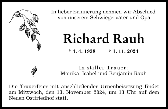 Traueranzeige von Richard Rauh von Augsburger Allgemeine