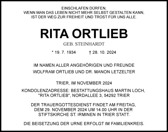 Traueranzeige von Rita Ortlieb von Friedberger Allgemeine