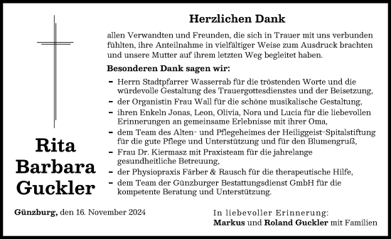 Traueranzeige von Rita Barbara Guckler von Günzburger Zeitung