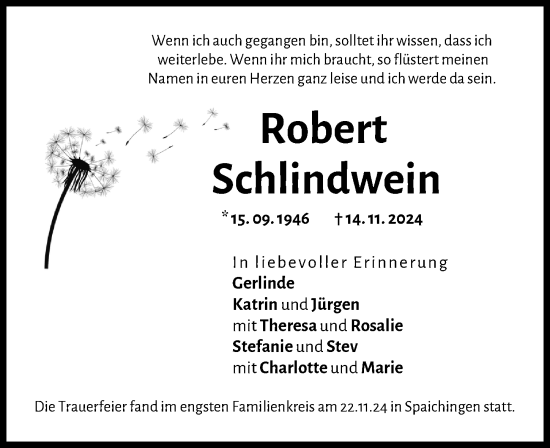 Traueranzeige von Robert Schlindwein von Neu-Ulmer Zeitung