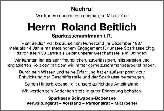 Traueranzeige von Roland Beitlich von Günzburger Zeitung