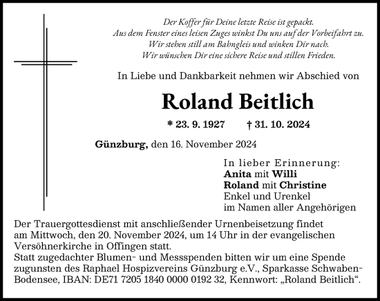 Traueranzeige von Roland Beitlich von Günzburger Zeitung