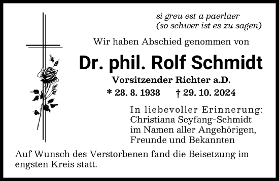 Traueranzeige von Rolf Schmidt von Augsburger Allgemeine