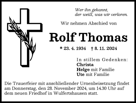 Traueranzeige von Rolf Thomas von Friedberger Allgemeine