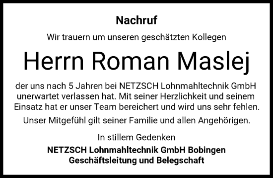 Traueranzeige von Roman Maslej von Augsburger Allgemeine