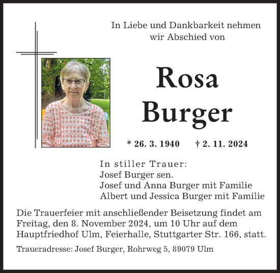 Traueranzeige von Rosa Burger von Donauwörther Zeitung