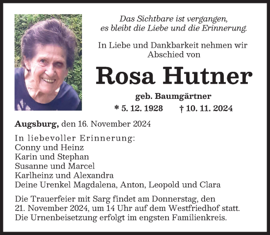 Traueranzeige von Rosa Hutner von Augsburger Allgemeine