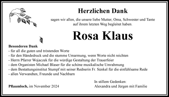 Traueranzeige von Rosa Klaus von Rieser Nachrichten