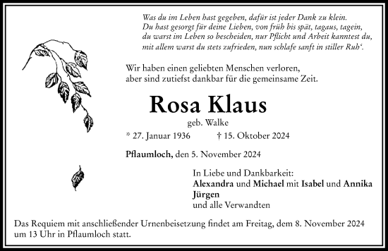Traueranzeige von Rosa Klaus von Rieser Nachrichten