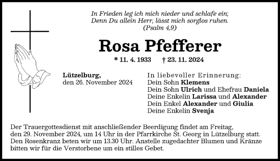 Traueranzeige von Rosa Pfefferer von Augsburg-Land