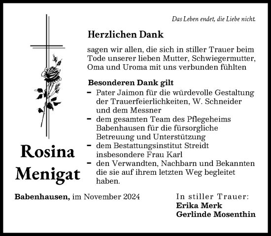 Traueranzeige von Rosina Menigat von Illertisser Zeitung