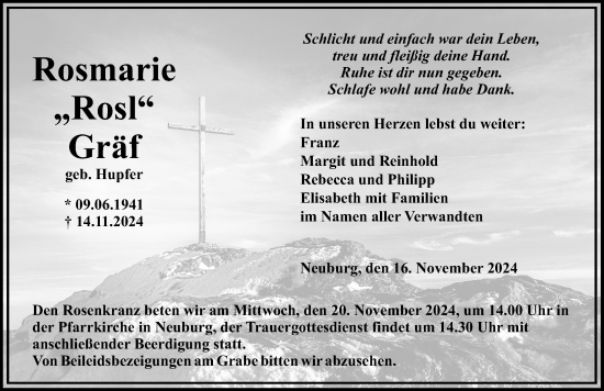 Traueranzeige von Rosmarie Gräf von Mittelschwäbische Nachrichten